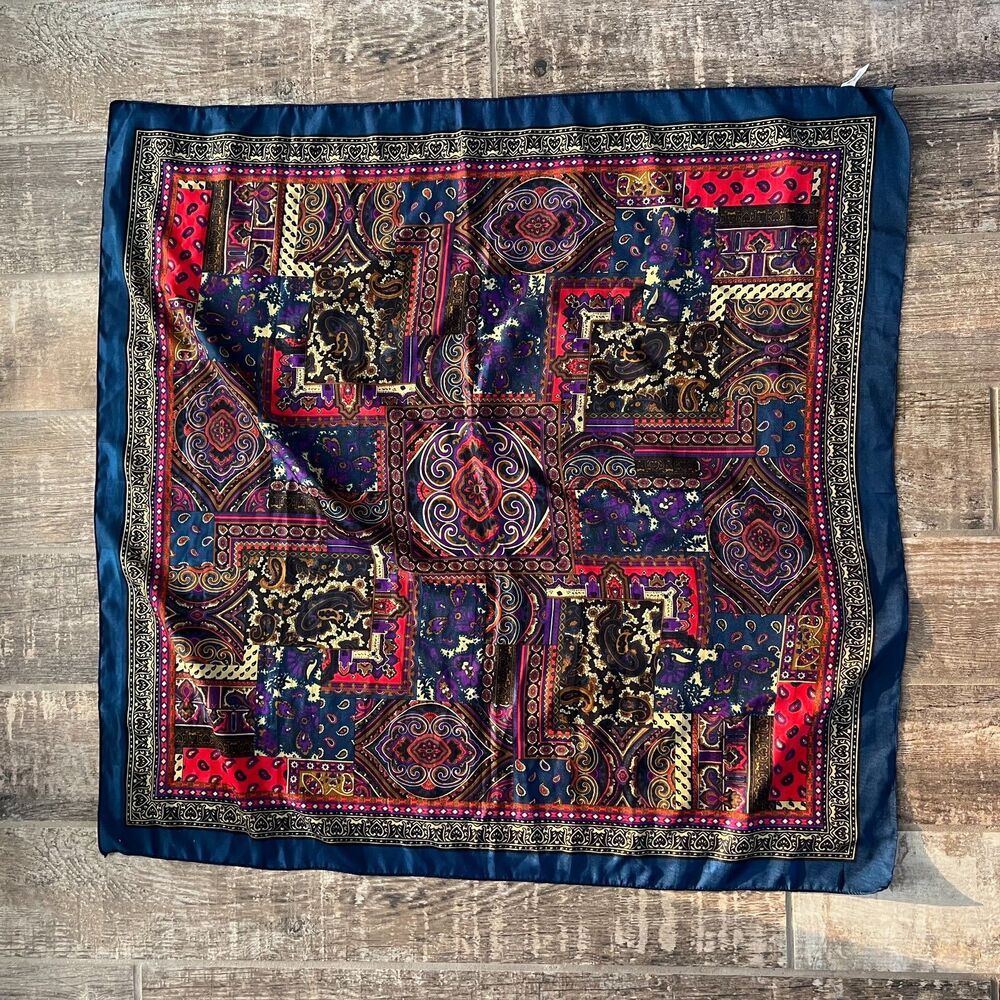 Paisley Hearts Scarf Wrap Shawl Square Blue Red Yellow  33"x34"